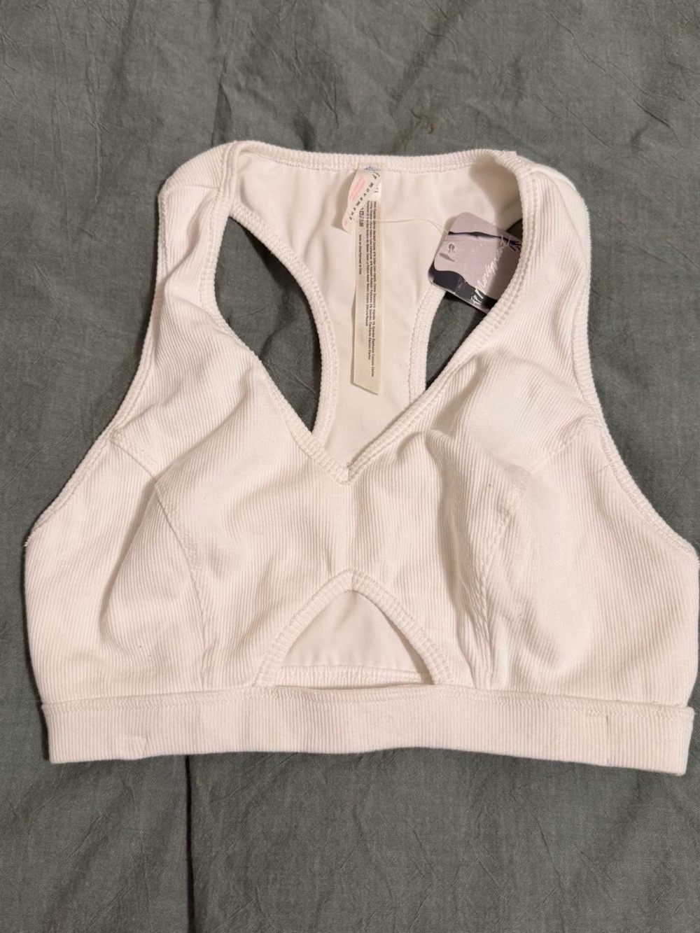 Free People White Ribbed Cutout Racerback Sports Bralette